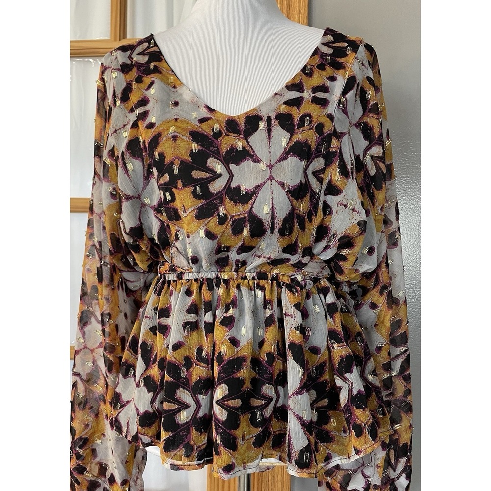 K Jordan Belted Peplum Blouse 3X Gold Metallic Long Sleeve Career Boho Cottage